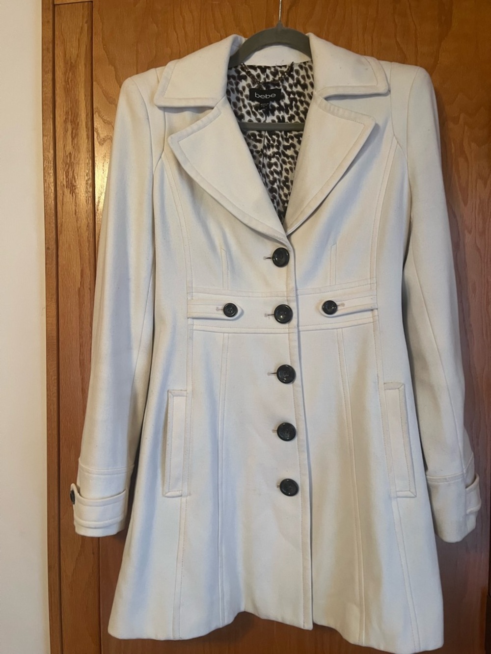 bebe Cream Tailored Trench Coat with Leopard Lining